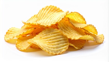 Pile of golden-yellow crispy potato chips with curled texture on clean white background.
