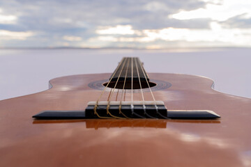 close-up aesthetic shot of a guitar in nature.