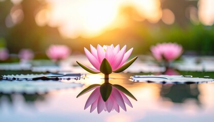Pink lotus flower in full bloom floating on calm water, reflected symmetrically with lily pads and soft light.