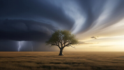 Lone Tree in Golden Field Under Dramatic Stormy Sky with Lightning