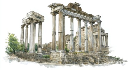 Watercolor of Ancient Classical Ruins with Columns