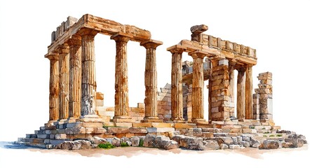Watercolor of Ancient Classical Ruins with Columns