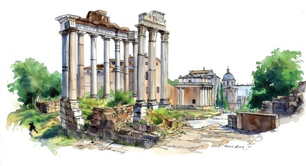 Watercolor of Ancient Classical Ruins with Columns