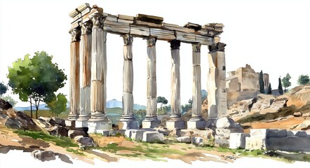 Watercolor of Ancient Classical Ruins with Columns