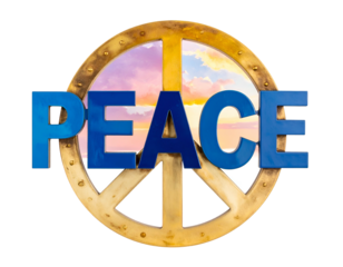 Golden peace symbol frames sunset sky with blue "PEACE" text