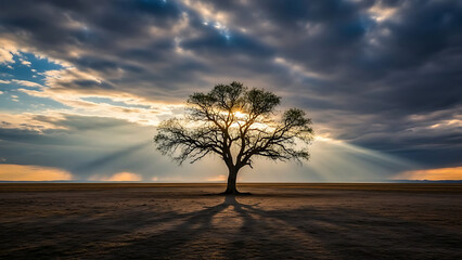 Lone Tree Silhouette at Sunset in Open Field with Dramatic Cloudy Sky