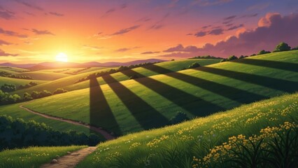 Beautiful anime style landscape with rolling green hills and a vibrant orange sunset casting long shadows across the fields, featuring a winding dirt path and wildflowers in the foreground.