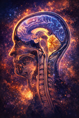 Sagittal section of the human head and neck, MRI-based generative ai illustration showing brain anatomy, cervical spine, and spinal cord