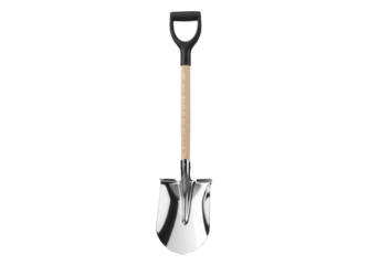 Pristine utility shovel featuring a polished chrome blade and light hardwood shaft with a black d-grip, centered on transparent background, copy space. Concept for commercial grade equipment