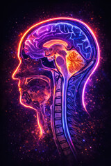 Sagittal section of the human head and neck, MRI-based generative ai illustration showing brain anatomy, cervical spine, and spinal cord