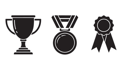 Trophy, Medal, and Ribbon Icons in Simple Flat Design with Black Color on White Background for Award Symbols