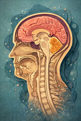Sagittal section of the human head and neck, MRI-based generative ai illustration in paper cut-out collage style