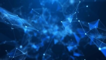 Blurry dark blue background with a network of glowing interconnected lines and nodes in a futuristic digital composition. - Powered by Adobe