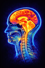 Sagittal section of the human head and neck, MRI-based generative ai illustration showing brain anatomy, cervical spine, and spinal cord
