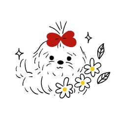 Adorable, hand-drawn puppy illustration with a red bow and doodles. Perfect for cards, decor, or cute merchandise. 