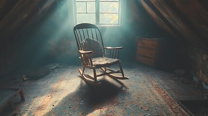 Old wooden rocking chair in attic room