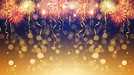 Festive background with sparkling fireworks and falling gold streamers for celebration