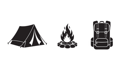 Camping Icons Set in Simple Flat Design with Black Silhouette and White Background for Outdoor Adventure