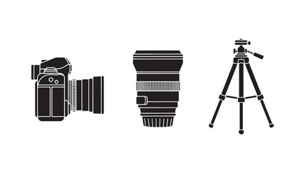 Camera equipment in minimalist monochrome style with clean lines and simple shapes for graphic design