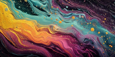 Abstract, cinematic background of intensely flowing psychedelic liquid art with vibrant yellow, cyan, and magenta waves, featuring glossy bubbles and particles.