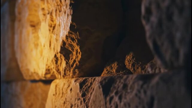 Close-up of ancient stone wall texture illuminated by a warm flickering candle glow in a dark historical setting for mystery and tradition concept