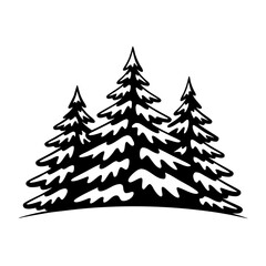 Vector illustration, icon black and white silhouette of three fir trees covered with snow on transparent background. Vector silhouette of winter spruce forest, coniferous trees.