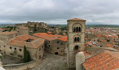 Trujillo medieval town panorama with historical castle and bell tower