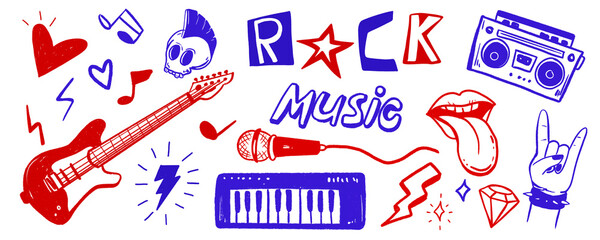 PNG illustration of a set of colorful music notes rock line art musical instrument Sketch isolated vintage hand drawn on transparent background.