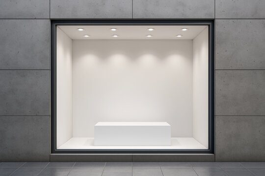 Minimalist exterior storefront display with modern lighting and clean geometric design for product showcase concept on urban concrete background. Ai generative