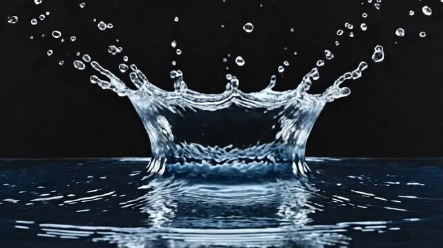 Water splash forming a crown shape against a dark background, creating a dynamic effect.