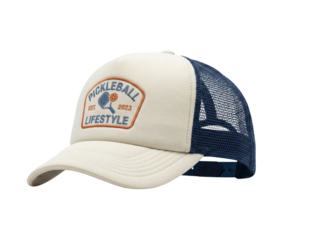 Cream trucker hat with Pickleball Lifestyle patch. Mesh cap headwear.