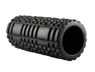 Black foam roller cylinder. Muscle recovery massage tool.