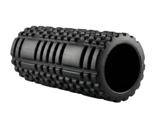 Black foam roller cylinder. Muscle recovery massage tool.