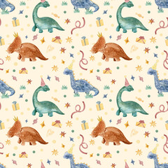 Seamless watercolor dinosaur pattern for kids birthday. Cute hand painted dinosaurs with party hats, gifts and confetti, perfect for party decor, wrapping paper, textiles, stationery and kids design.