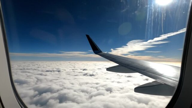 Scenic aerial view of airplane wing and cloudy sky from inside the window during a sunny flight