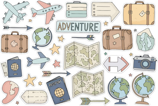 Collection of travelthemed sticker illustrations featuring luggage airplanes globes and maps