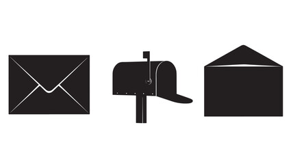 Envelope, Mailbox, and Letter Silhouettes in Simple Flat Design with Black Color on White Background for Communication Icons