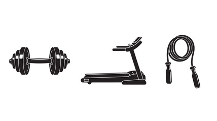 Fitness Equipment Set in Modern Monochromatic Silhouette with High Contrast Lighting on White Background for Health and Wellness
