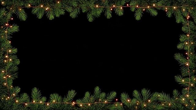 Christmas fir branch frame with glowing fairy lights on black background, festive pine border for holiday greetings, winter evergreen garland with warm sparkling bulbs