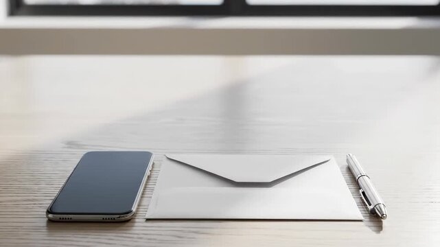 Envelope and smartphone on desk, minimal communication and mail concept