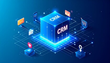 Modern CRM system with glowing blue cube and connected icons
