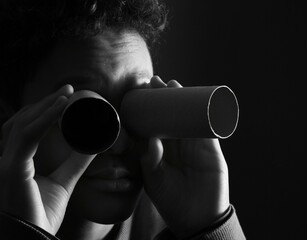 
child looking through binoculars on black background with people stock image stock photo
