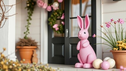 Cute pink Easter bunny decoration placed at a cozy home entrance with pastel eggs and spring flowers, festive seasonal decor with soft natural light.