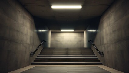Photorealistic empty stairwell with concrete walls, symmetrical composition and soft overhead lighting, modern architectural interior with minimalist atmosphere.