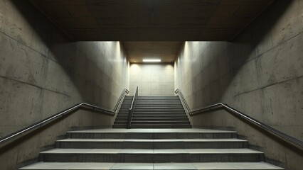 Fototapeta premium Photorealistic empty stairwell with concrete walls, symmetrical composition and soft overhead lighting, modern architectural interior with minimalist atmosphere.