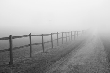 fence and path in the fog