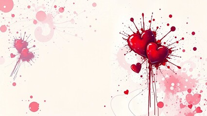 Expressive red splatter art frame with bold heart elements and paint drips, dramatic romantic background with strong contrast and empty center space.