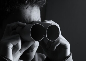 
child looking through binoculars on black background with people stock image stock photo

