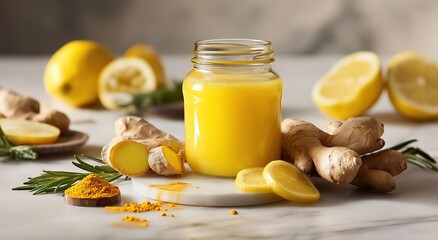 Turmeric Ginger Lemon Wellness Shot on Marble