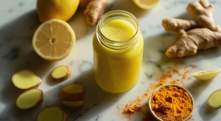 Turmeric Ginger Lemon Wellness Shot on Marble